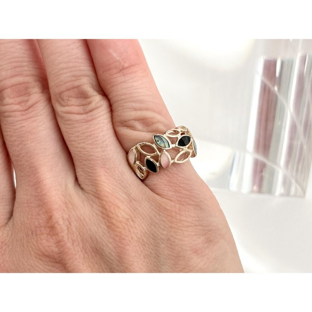 Multi Gemstone Abalone, MOP & Black Onyx 925 Sterling Vintage Ring - sz 6 - Picture 8 of 12
